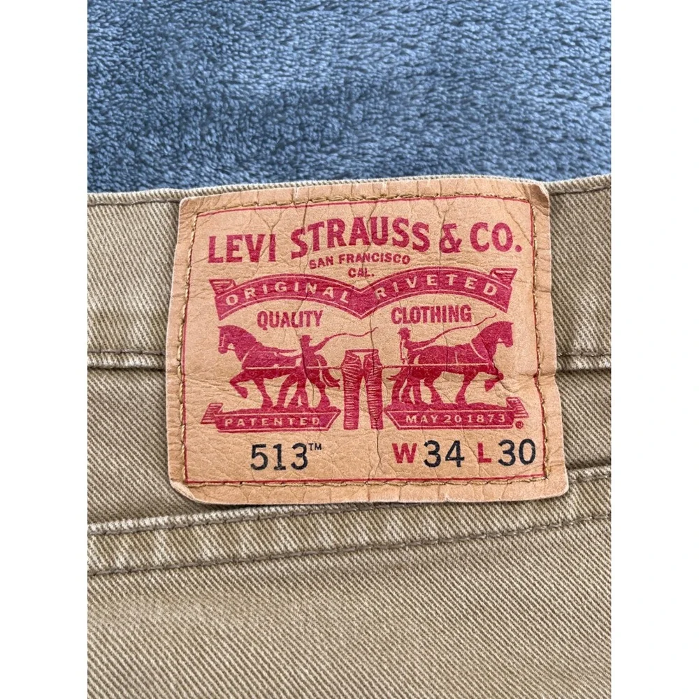 Levis 513 Slim Straight Pants Mens 34x30 Tan Khaki Cotton Blend Trousers